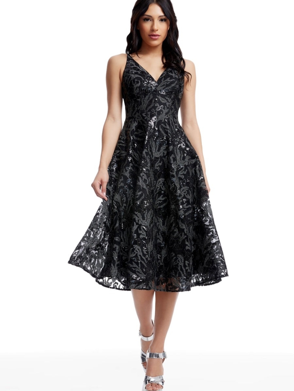 Black Sequin V-Neck A-Line Midi Dress